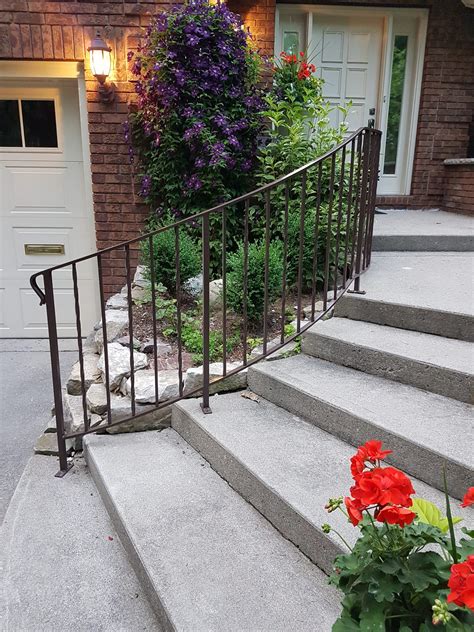 Railing for concrete steps - Once concrete is level, use metal grinding wheel to cut the pipe level. I used a similar diamond wheel on my sidewalk, and remove a raised 3/8 corner – 15 inches on each side of the raised corner in about 3-4 hours. Once level, just use a standard 4x4 bracket to mount the wood post. You can use the hole in the pipe to anchor the bolt for …